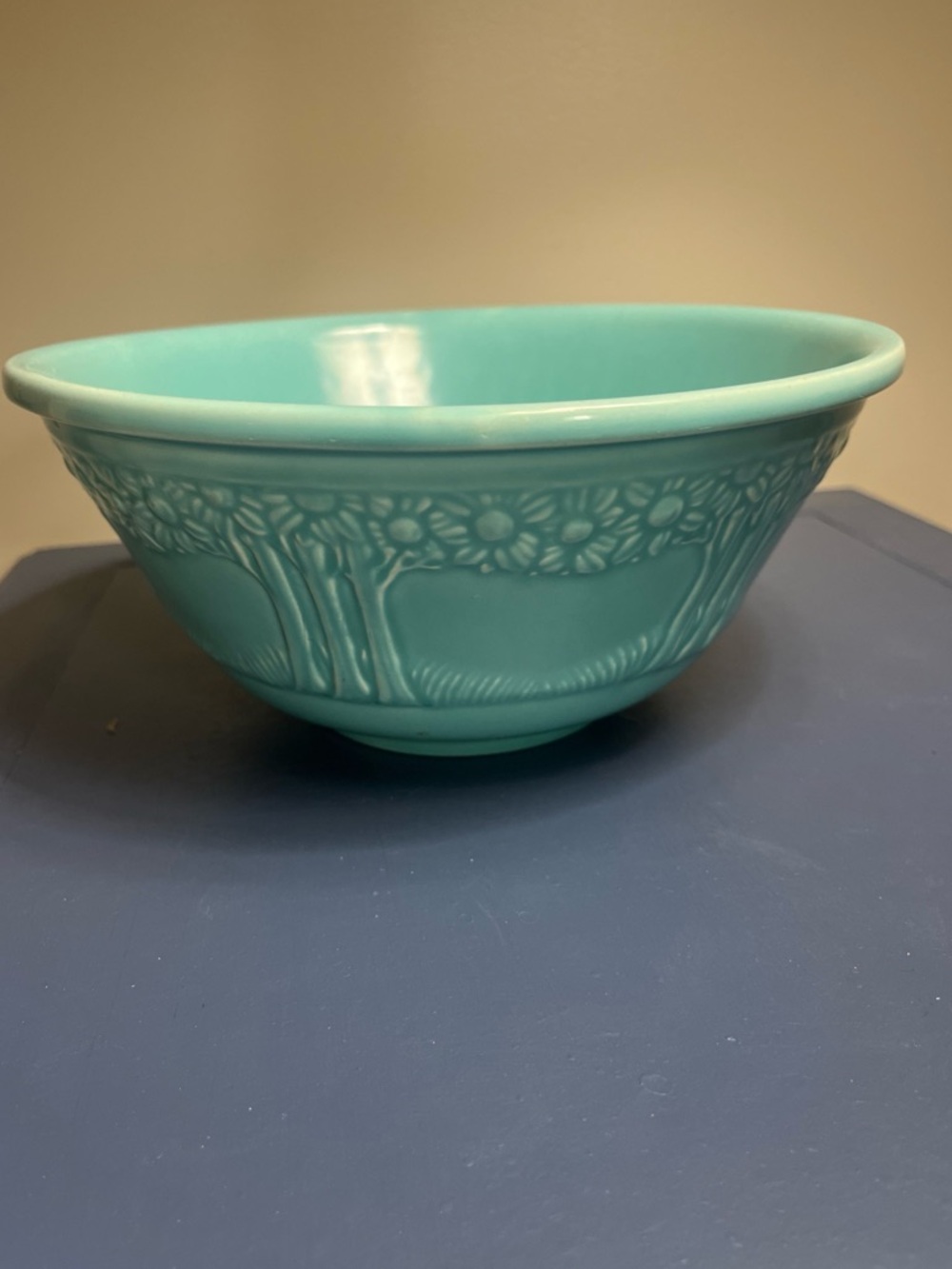 Vintage Homer Laughlin aqua/teal mixing bowl with Apple Tree pattern